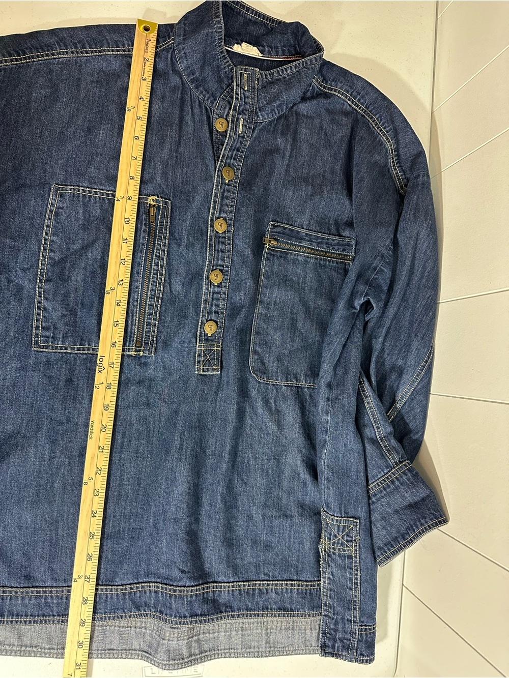 Pilcro Sz L Petite Women’s Tunic Shirt Top Blue Denim Cotton Button Half Placket - Picture 15 of 15